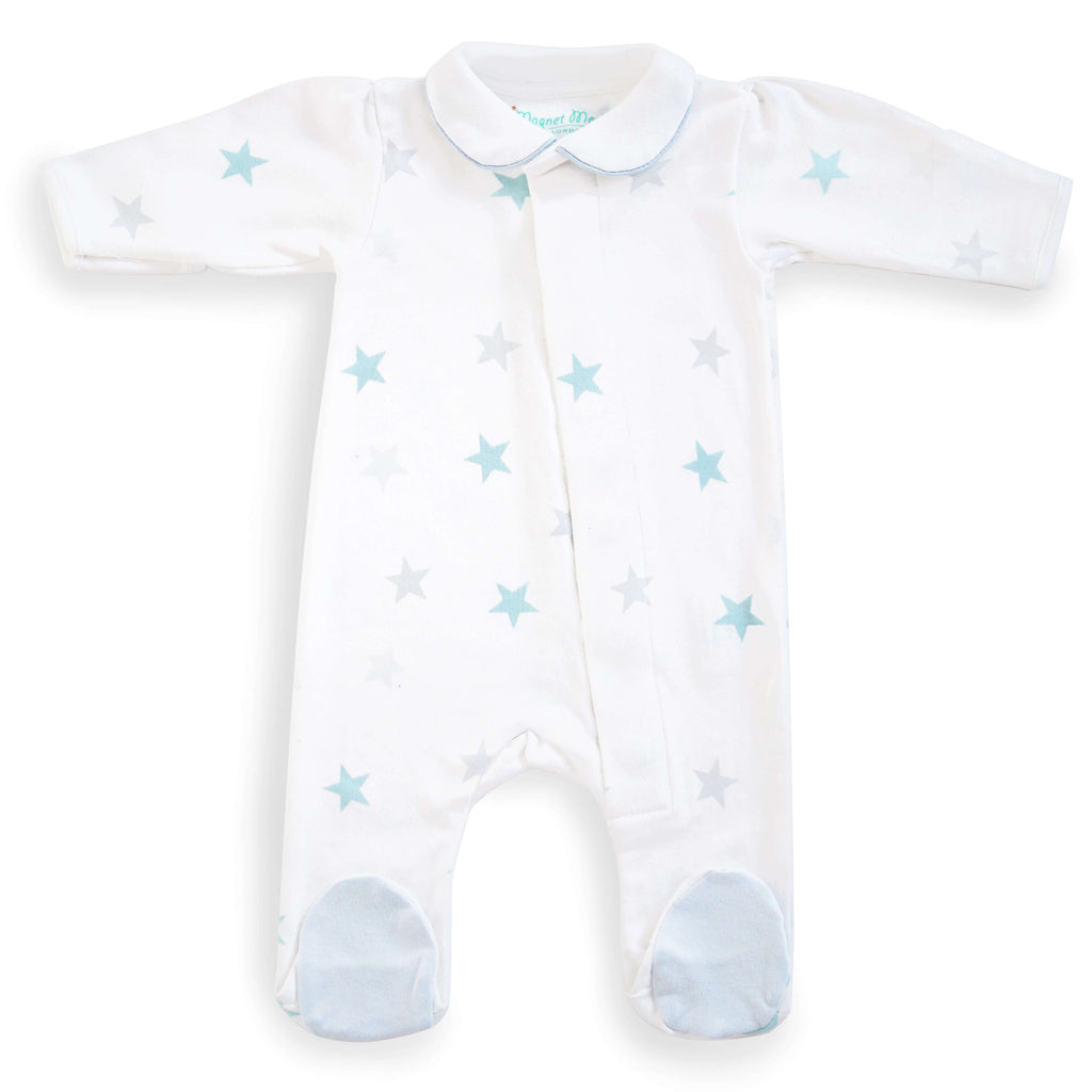 Teal Stars Babygrow: With Piped Peter Pan Collar Babygrow Magnet Mouse 6m Teal Stars with Blue Trim 