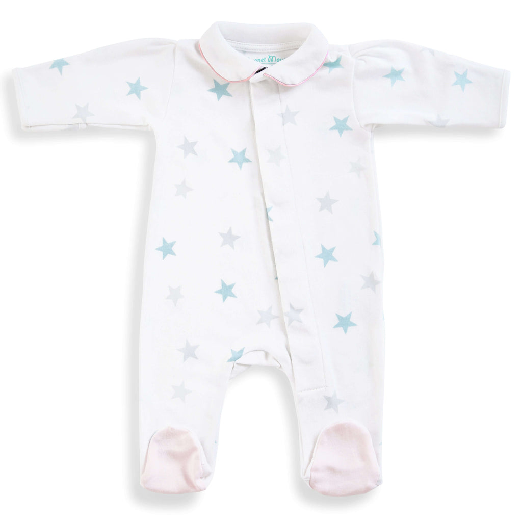 Teal Stars Babygrow: With Piped Peter Pan Collar Babygrow Magnet Mouse 6m Teal Stars with Pink Trim 