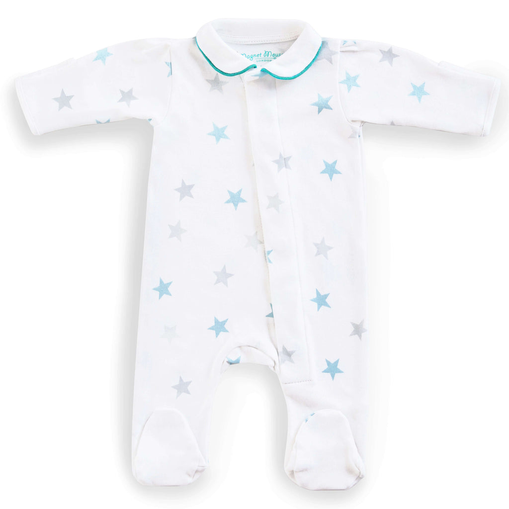 Teal Stars Babygrow: With Piped Peter Pan Collar Babygrow Magnet Mouse 6m Teal Stars with Teal Trim 