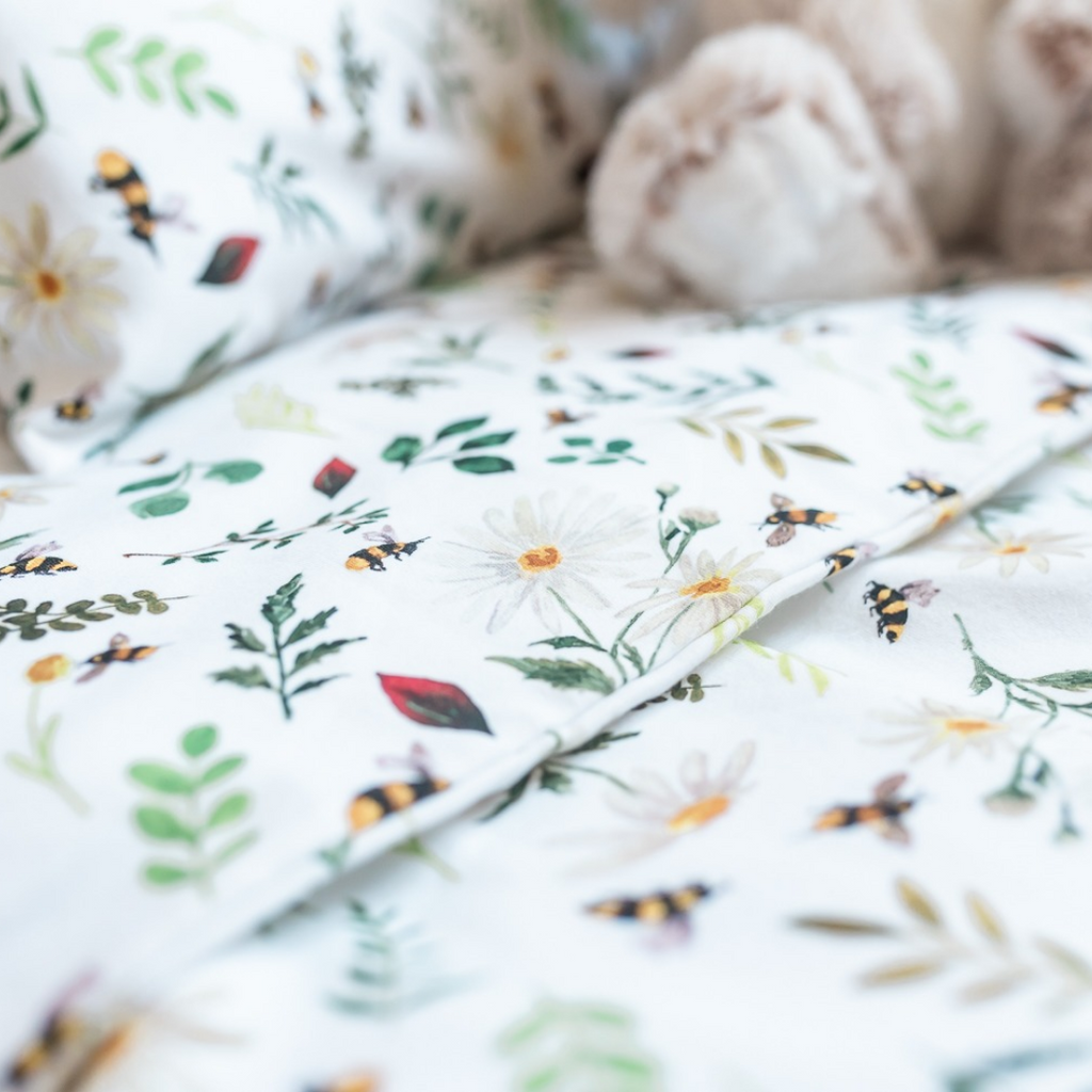 Wild Bee White Organic Cotton Toddler Duvet Cover and Pillow Case Set Toddler Duvet Cover Set The Gilded Bird   