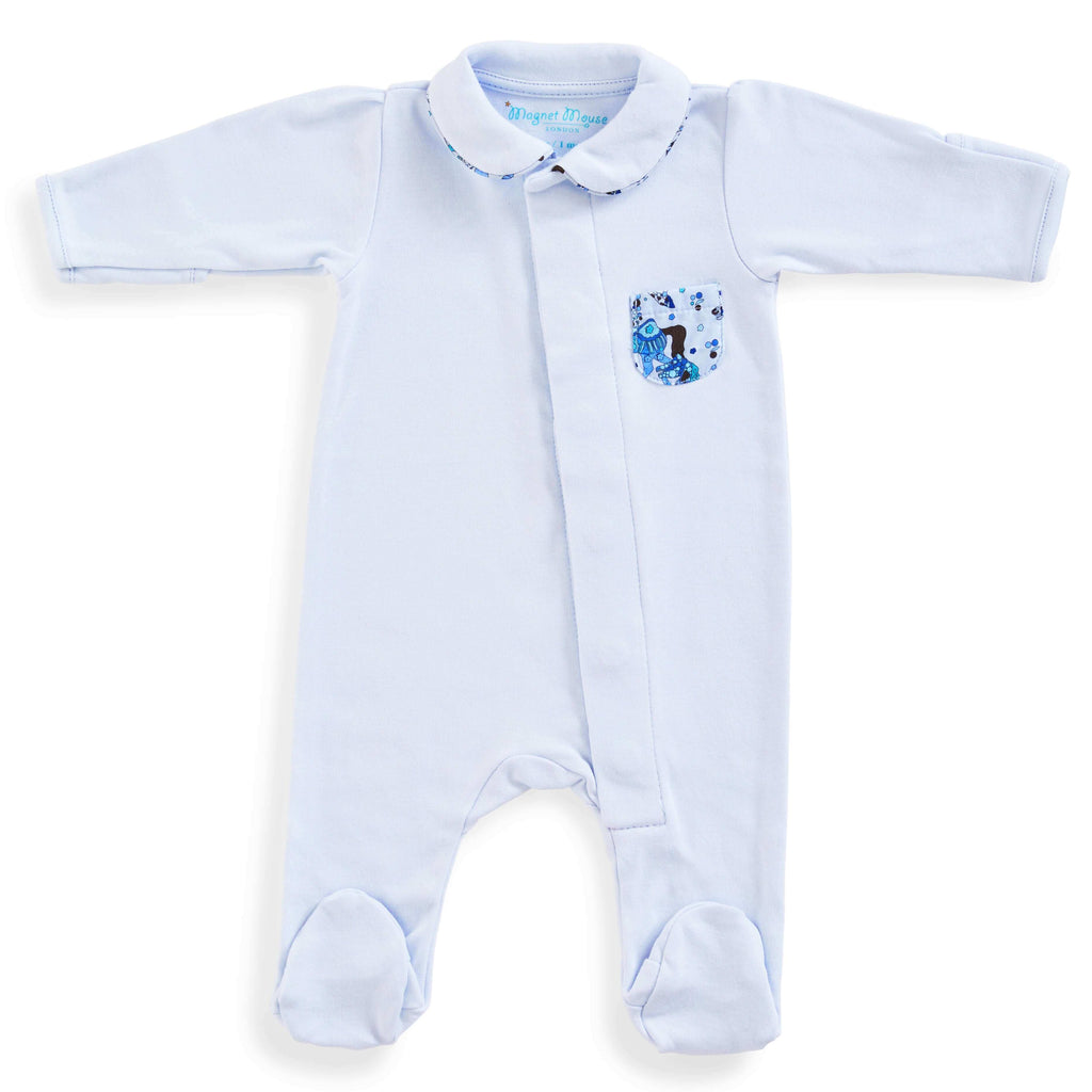 Blue Cotton Onesie With Liberty Animal Pocket Babygrow Magnet Mouse 1m Pale Blue 