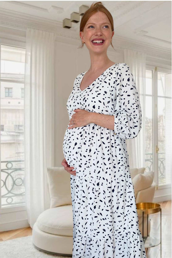 White & Black Tiered Maternity & Breastfeeding Dress Maternity Dress CARI   