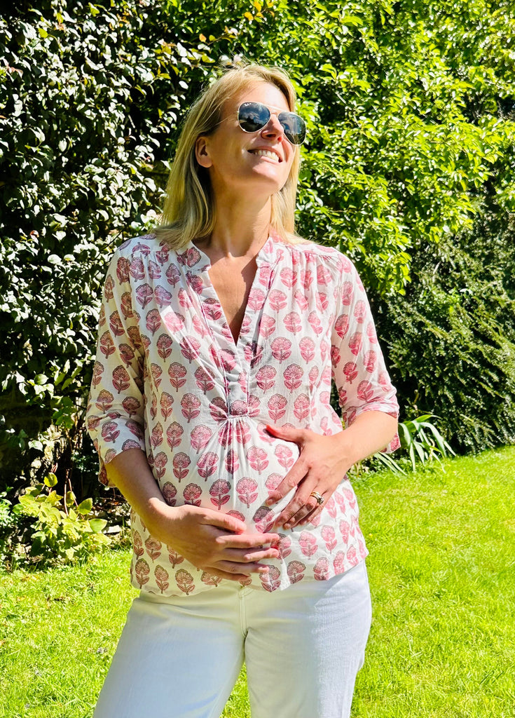 White and Pink Floral Block Print Alice Shirt Maternity Shirt Magnet Mouse S White with Pink 