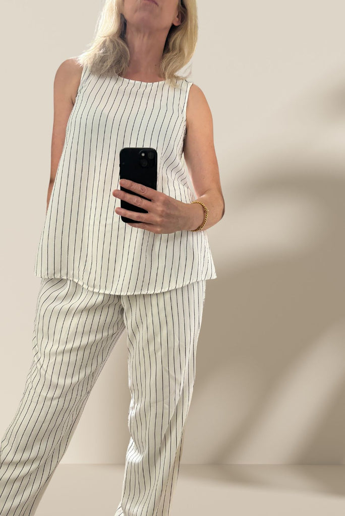 White & Black Pinstripes Shirred Trousers Maternity Trousers CARI   