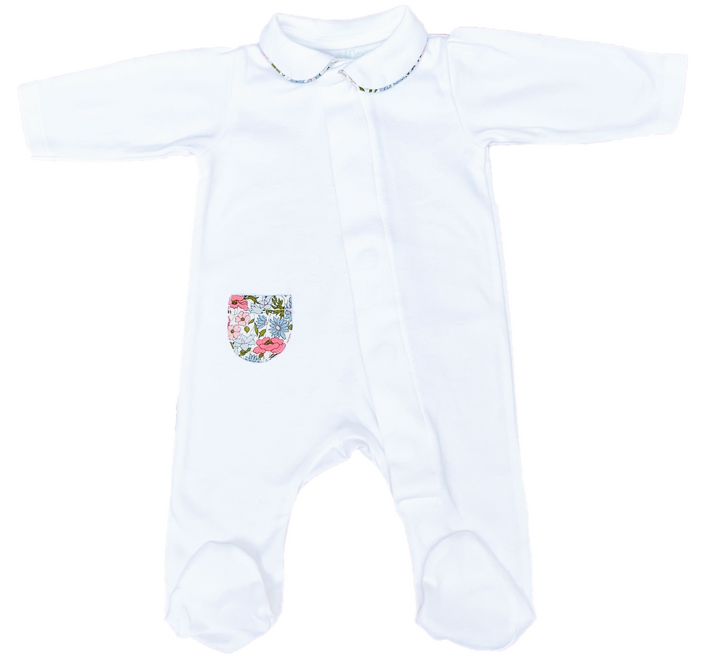 White Cotton Onesie With Blue & Pink Liberty Floral Pocket Babygrow Magnet Mouse   