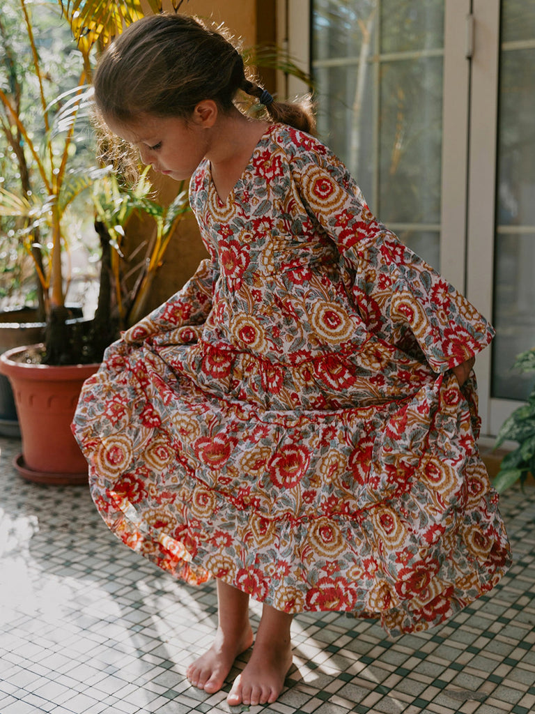 Block Printed Girl's Dress - Lucky Red Floral Dress Malabar Baby   