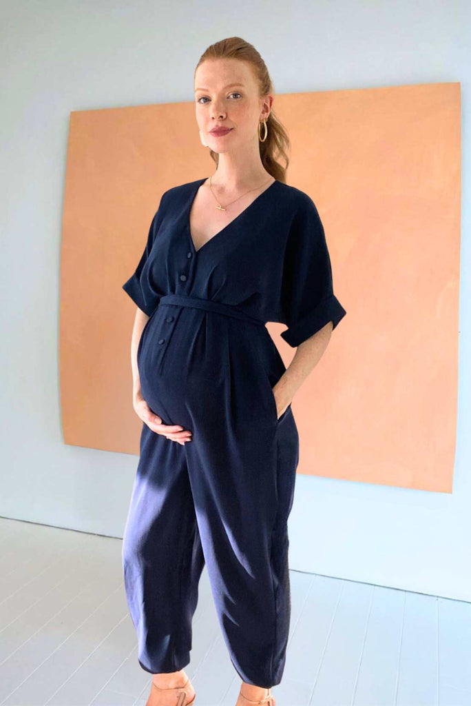 Navy Maternity and Breastfeeding Jumpsuit Maternity Jumpsuit CARI Extra Small (6-8) Blue 