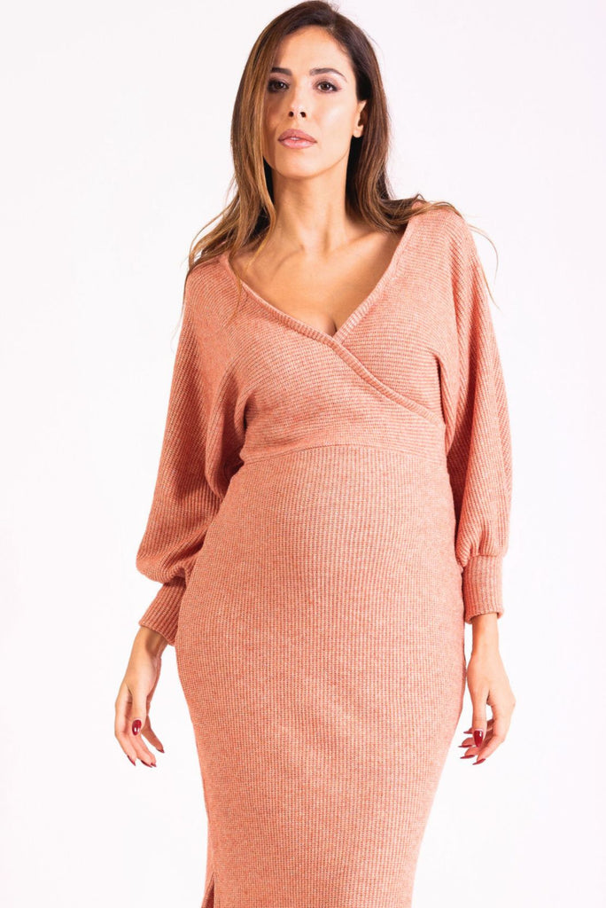 Chunky Knit Wrap Maternity & Breastfeeding Dress in Peach Sparkle Maternity Dress CARI   