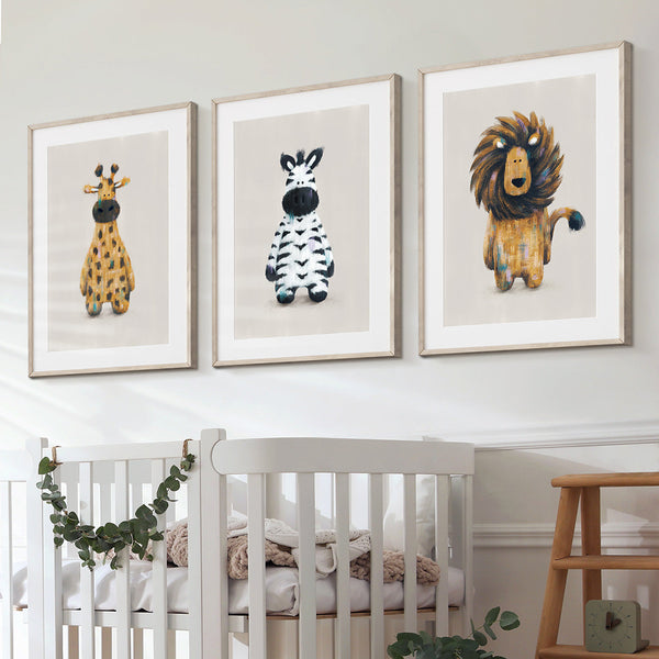 Neutral Safari Animals Nursery Prints Set Tiger Lion Zebra