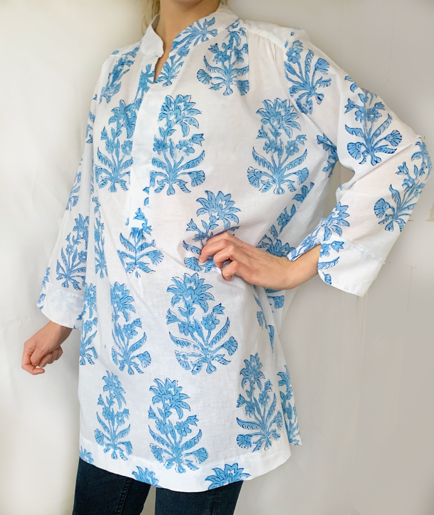 Indian Block Print Alice Shirt in Fresh Blue Maternity Shirt Magnet Mouse   