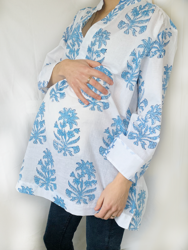 Indian Block Print Alice Shirt in Fresh Blue Maternity Shirt Magnet Mouse M Fresh Blue and White 