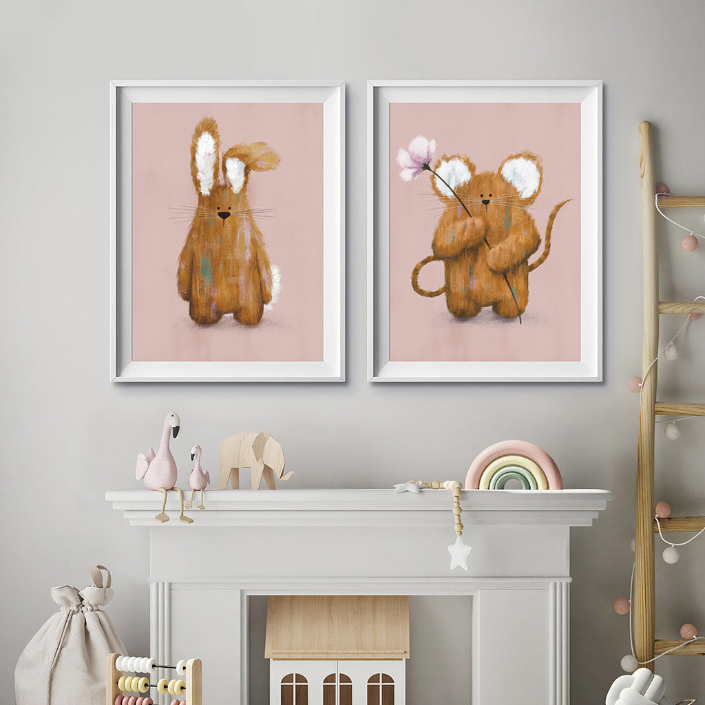 Pink Bunny & Mouse Woodland Nursery Prints Set of 2 Print Sets Tigercub Prints   