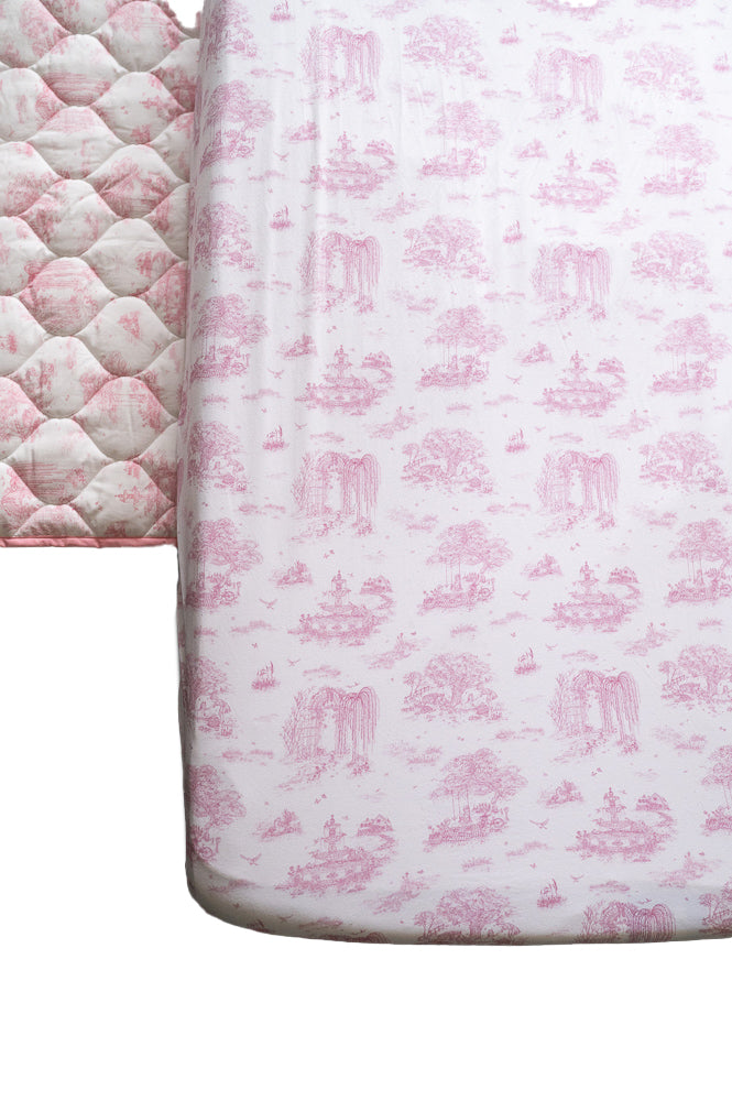 Spring Toile Pink Fitted Cot Sheet Fitted Cot Sheet The Gilded Bird UK   