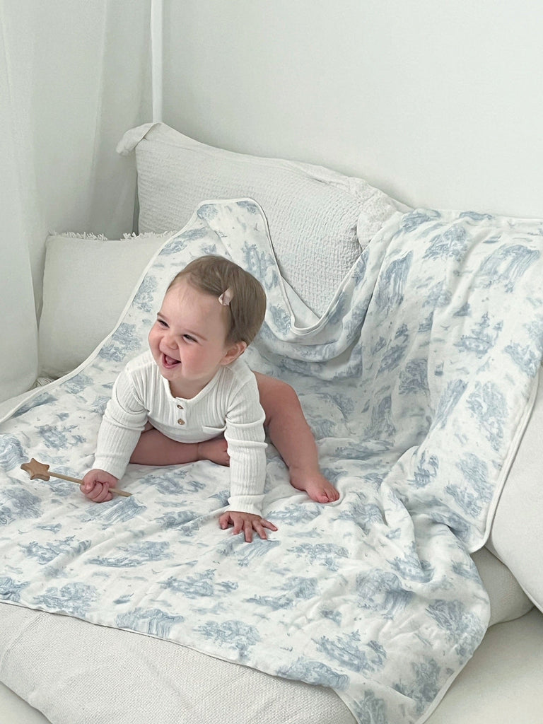 Spring Toile Blue Bamboo Baby Blanket Bamboo Blankets The Gilded Bird   