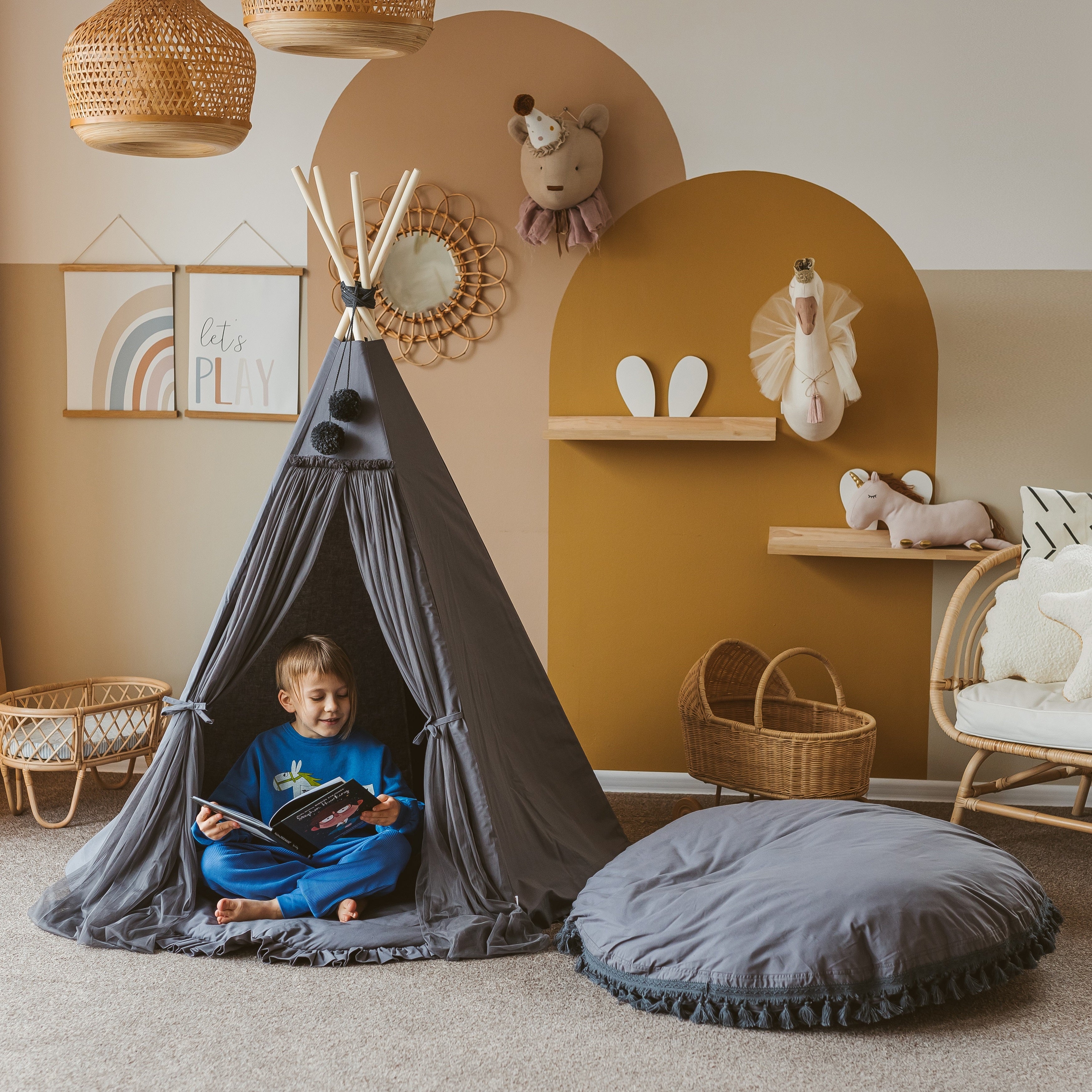 MINICAMP Large Floor Cushion With Tassels in Grey Something a bit Different